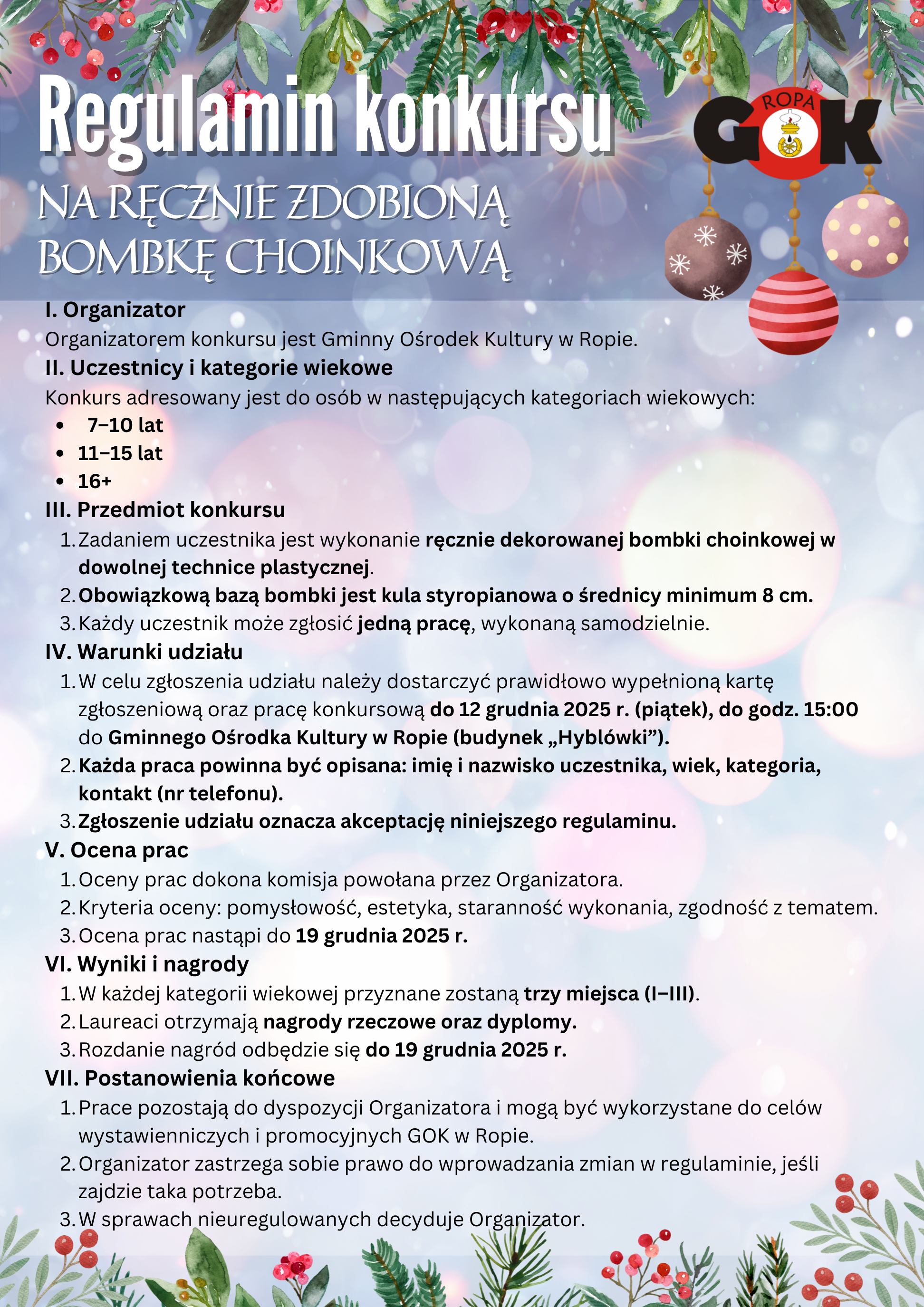 Konkurs na ręcznie zdobioną bombkę choinkową (GOK w Ropie)